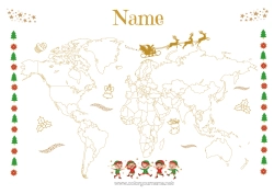 Free coloring Christmas elves Geography World Map Elf on the Shelf Trip Elf World Tour Map