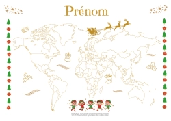 Coloriage gratuit Lutins de Noël Géographie Carte du monde Voyage de l'elfe de Noël Carte tour du monde des lutins farceurs