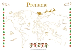 Pagină de colorat personalizată Moșneguții de Crăciun Geografie Hartă a lumii Călătoria elfului de Crăciun Hartă a lumii cu spiriduși jucăuși