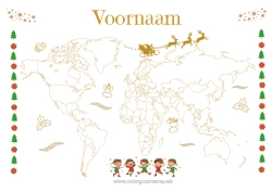 Gratis kleurplaat Kerstelf Geografie Wereldkaart Kerstelfreis Wereldreis Kaart van de Elfen