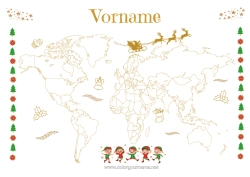 Kostenlose Malvorlage Weihnachtself Geografie Weltkarte Reise des Weihnachtselfen Weltreise-Karte der Wichtel