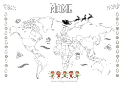 Colouring to customise Christmas Elves Elf Colouring Pages Geography World Map Mischievous Elf's Journey World Map Of Mischievous Elves Colouring Mischievous Travelling Goblins