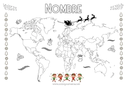 Colorear para personalizar Elfos de navidad Geografía Mapa del mundo Viaje del duende navideño Mapa de la Vuelta al Mundo de los Duendes