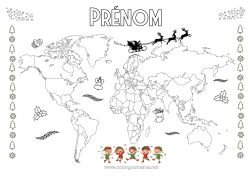 Coloriage gratuit Lutins de Noël Géographie Carte du monde Voyage de l'elfe de Noël Carte tour du monde des lutins farceurs