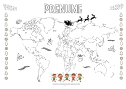Pagină de colorat personalizată Moșneguții de Crăciun Geografie Hartă a lumii Călătoria elfului de Crăciun Hartă a lumii cu spiriduși jucăuși