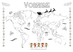 Kostenlose Malvorlage Weihnachtself Geografie Weltkarte Reise des Weihnachtselfen Weltreise-Karte der Wichtel