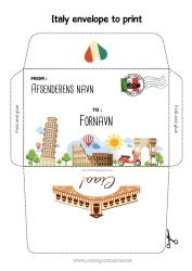 Gratis farvelægning Kuvert Italien Land Trykt kuvert Julefejls rejse Kuvert til julemandens nissepost