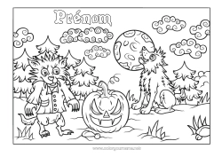 Coloriage gratuit Monstre Loup Halloween Jack O'Lantern Animaux de la forêt Effrayant Loup garou