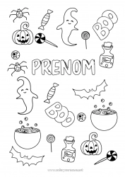 Coloriage gratuit Chauve-souris Fantôme Citrouille Araignée Halloween Gourmandises, sucreries Insectes Oiseaux et mammifères volants Sucette