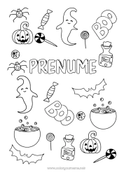 Pagină de colorat personalizată Liliac Fantomă Dovleac Păianjen Halloween Dulciuri, bunătăți Insecte Păsări și mamifere zburătoare Bomboană