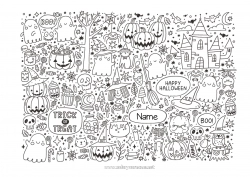 Free drawing Ghost Monster Halloween Jack O'Lantern Symbols Complex coloring pages Haunted mansion Inscription 