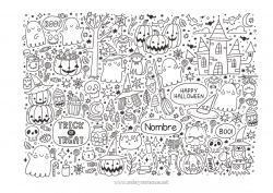 Colorear para personalizar Fantasma Monstruo Halloween Jack O'Lantern Simbolos Dibujos complejos para colorear Manor embrujado Inscripción 