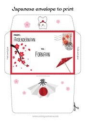 Gratis tegning Japan Konvolutt Land Utskriftsvennlig konvolutt Julealvens reise Konvolutt for nissepost