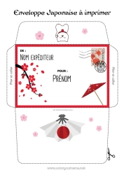 Coloriage gratuit Japon Enveloppe Enveloppe à imprimer Voyage de l'elfe de Noël Enveloppe pour courrier du lutin de Noël