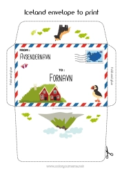 Gratis tegning Konvolutt Land Utskriftsvennlig konvolutt Julealvens reise Island Konvolutt for nissepost