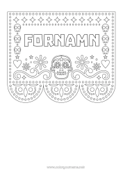 Färgläggningssida att anpassa De dödas dag Calaveras, dödskallar Mexikansk broderi