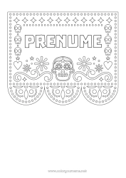 Pagină de colorat personalizată Ziua Morților Calaveras, capete de mort Broderie mexicană