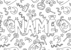 Free coloring Candle Sweets Halloween Jack O'Lantern Decorated name Complex coloring pages Decorative background