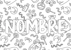 Colorear para personalizar Vela Caramelos Halloween Jack O'Lantern Nombre decorado Dibujos complejos para colorear Fondo decorativo