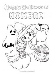 Colorear gratis Escoba Fantasma Bruja Gato negro Truco o trato Halloween Kawaii Inscripción 