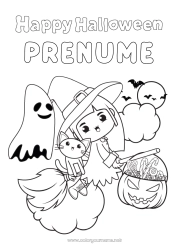Pagină de colorat personalizată Mătură Fantomă Vrăjitoare Pisica neagră O bomboană sau o farsă? Halloween Drăguț Înscriere 