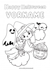 Kostenlose Malvorlage Besen Geist Hexe Schwarze Katze Ein Bonbon oder ein Zauber? Halloween Kawaii Beschriftung 