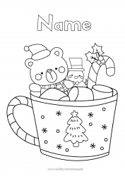 Coloring to customize Snowman Mug Candy cane Holly Teddy Bear Drinks Treats Forest animals Games and toys Fir Marshmallows Plush