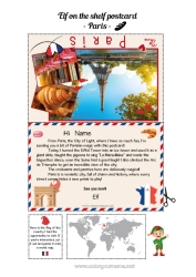 Free coloring France Paris Elf on the Shelf Trip Postcard Postcard of a SINGLE elf