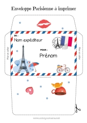 Coloriage gratuit Enveloppe France Paris Enveloppe à imprimer Voyage de l'elfe de Noël Enveloppe pour courrier du lutin de Noël
