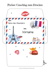 Kostenlose Malvorlage Umschlag Frankreich Paris Bedruckbare Umschläge Reise des Weihnachtselfen Umschlag für den Weihnachtswichtel-Post
