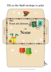 Disegno gratuito Elfo di Natale Natale Lettere di elfi scherzosi Lettera a Babbo Natale Busta Busta da stampare Viaggio dell'elfo di Natale Busta di Natale Busta per la posta dell'elfo di Natale