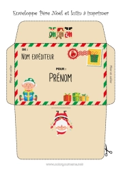 Coloriage gratuit Père Noël Lutins de Noël Noël Enveloppe Enveloppe à imprimer Voyage de l'elfe de Noël Enveloppe de Noël Enveloppe pour courrier du lutin de Noël