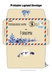 Gratis teckning Vinter Jul Kuvert Land Utskriftskuvert Julälvens resa Lappland Finland Kuvert för tomtens post