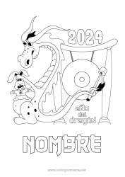 Colorear para personalizar Dragón Feliz año Año Nuevo chino Dragones, unicornios y animales fantásticos 2024 Mensaje 