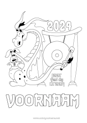 Gratis kleurplaat Draak Gelukkig Nieuwjaar Chinees Nieuwjaar Draken, eenhoorns en fantastische dieren 2024 Nieuwjaarsboodschap Gong