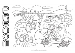 Coloriage gratuit Ours Neige Renne Pingouin, Manchot Phoque Oiseaux et mammifères volants Animaux de la forêt Igloo Pôle nord Laponie