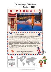 Colorare per personalizzare Londra Regno Unito Viaggio dell'elfo di Natale Cartolina Cartolina di vari elfi