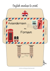 Gratis tegning Konvolutt London Storbritannia Land Utskriftsvennlig konvolutt Monument Julealvens reise Konvolutt for nissepost