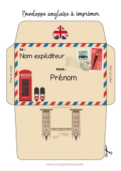 Coloriage gratuit Enveloppe Londres Royaume-Uni Enveloppe à imprimer Voyage de l'elfe de Noël Enveloppe pour courrier du lutin de Noël