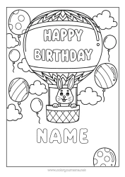 Colouring to customise Birthday Rabbit Hot Air Balloon Happy Birthday Message Forest Animals Aerial Vehicles