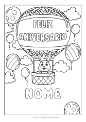 Desenho para personalizar Aniversário Coelho Balão de Ar Quente Feliz aniversário (francês) Mensagem Animais da floresta Veículos aéreos