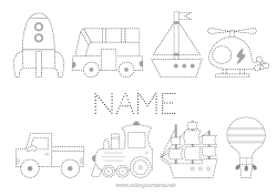 Colouring to customise Rocket Vehicles Children's Activities Boat Train Hot Air Balloon Bus, Car Easy Colouring Pages Trace And Colour. Aerial Vehicles Marine Vehicles Land Public Transport