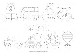 Desenho para personalizar Foguete Veículos Atividades para Crianças Barco Trem Balão de Ar Quente Ônibus, carro Desenhos para colorir fáceis Rastreie e Pinte Veículos aéreos Veículos marítimos Transporte público terrestre