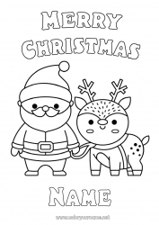 Free drawing Santa Claus Reindeer Christmas Kawaii Easy coloring pages Forest animals “Merry Christmas” message