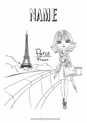 Coloring to customize Girl France Eiffel Tower Paris Monument