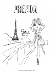 Coloriage gratuit Fille France Tour Eiffel Paris Monument