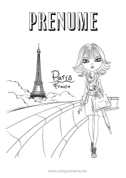 Pagină de colorat personalizată Fată Franța Turnul Eiffel Paris Monument