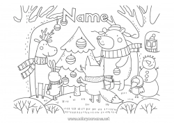 Free coloring Bear Christmas tree Snowman Christmas Fox Owl Animal Flying birds and mammals Forest animals Fir Forest Deer