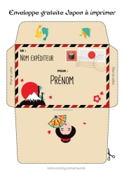 Coloriage gratuit Japon Enveloppe Enveloppe à imprimer Voyage de l'elfe de Noël Enveloppe pour courrier du lutin de Noël