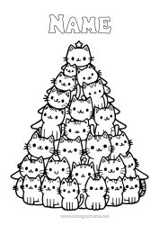 Free colouring Cat Christmas tree Cute Animal Dogs and cats Fir tree